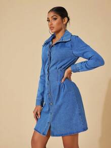 SHEIN BAE Button Front Denim Dress - Medium Wash - View 6