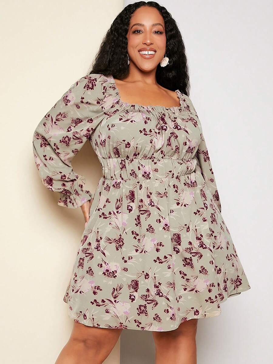 SHEIN CURVE+ Cộng với váy tay bồng in hoa - Nhiều màu - Xem 1