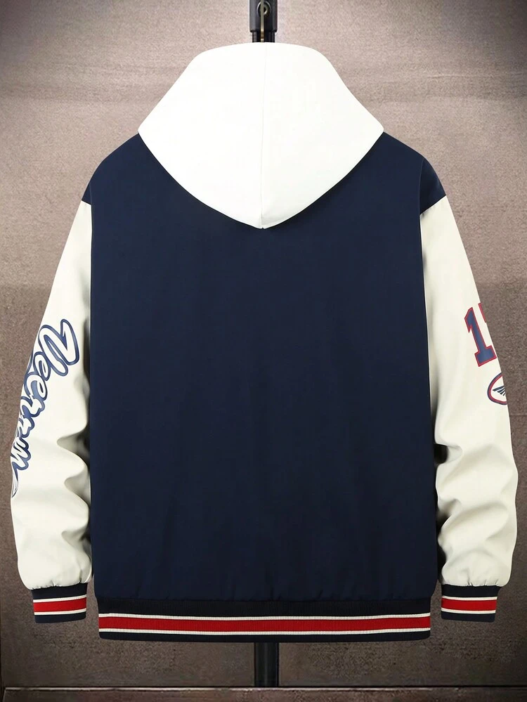 Men's Loose Fit Letter Print Color Block Varsity Jacket Without Hoodie Design And With Striped Trim