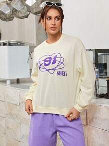 SHEINNeu 字母和卡通圖案落肩袖套頭衫 - 黃色 - 查看 4