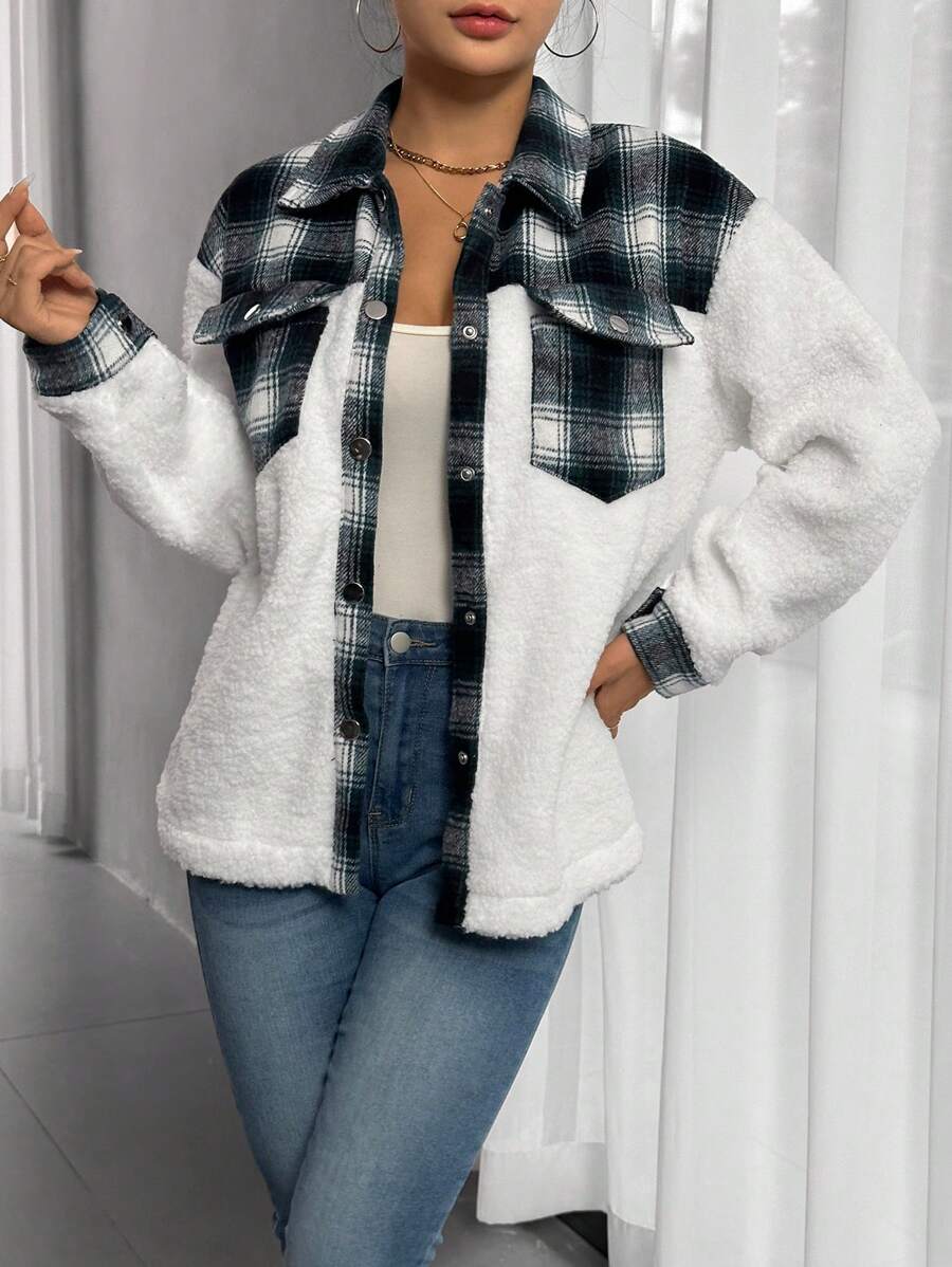 SHEIN Unity Plaid Print Drop Shoulder Flap Pocket Teddy Coat - Multicolor - View 1