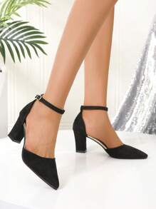 Höst/vinter Damskor med spetsig tå, grov klack och ankelrem, eleganta - Svart - Visa 3