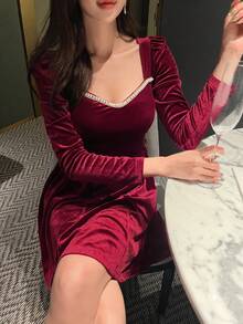 DAZY 甜心领泡泡袖丝绒连衣裙舞会礼服，秋季红色女装圣诞节优雅女装 - 紅色 - 查看 6
