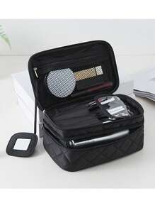 1pc Rhombus Black Double Layer With Mirror Large Capacity Portable Makeup Bag For Women Girls Storage Makeup Organizer Makeup Case - Black - View 6