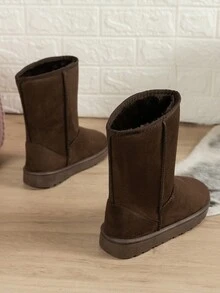 Giày bốt đi tuyết ấm áp đến giữa bắp chân màu trơn dành cho nữ, Giày bốt mùa đông lót lông mềm đế mềm thời trang, Giày đi tuyết thoải mái chống trượt - Cà phê nâu - Xem 2
