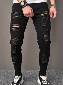 Manfinity LEGND Men Ripped Frayed Skinny Jeans - Black - View 1