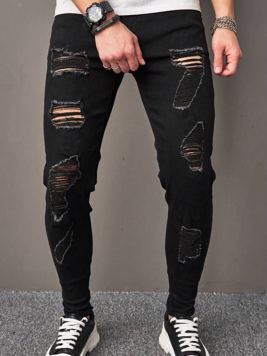 Manfinity LEGND Men Ripped Frayed Skinny Jeans - Black - View 1