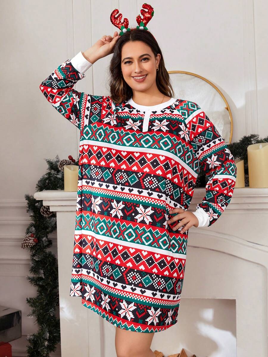 SHEIN LUNE Plus Christmas Print Tee Dress - Red - View 1