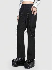 ROMWE Grunge Punk Solid Grommet Eyelet Flare Leg Pants - Black - View 4