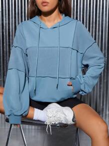 SHEIN PETITE 頂針落肩袖抽繩連帽衫 - 藍色 - 查看 3