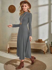 EMERY ROSE Solid Mock Neck A-line Dress - Grey - View 5