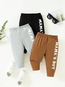 男嬰3入組字母圖案衛褲 - 棕色 - 查看 1