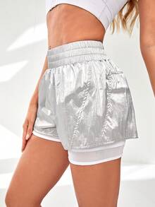 Shorts deportivos unido en contraste de color metálico - Plateado - Ver 2