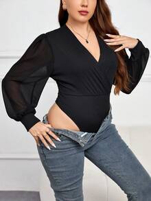 SHEIN Frenchy Plus Contrast Mesh Lantern Sleeve Overlap Collar Bodysuit - Black - View 2