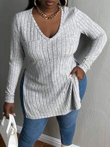 Slaydiva Plus Size Casual Home Wear - Stretchy Knit Texture Grey V-Neck Split T-Shirt - Grey - View 3