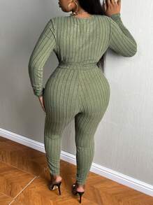 Slaydiva 大碼羅紋針織腰帶短款T恤和緊身打底褲 - 軍綠色 - 查看 2