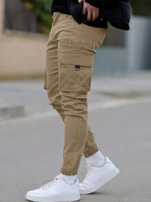 Manfinity 男士側翻蓋口袋工裝褲 - 卡其色 - 查看 3