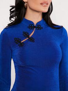 EastFlair Mandarin Collar Frog Button Tee - Blue - View 5