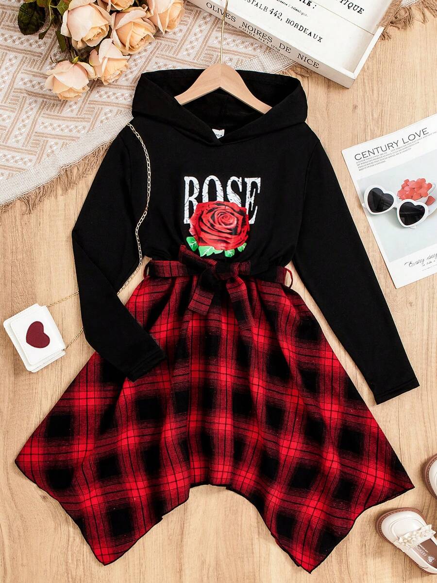 SHEIN Váy Tween Girl Kẻ Sọc & In Hoa Có Mũ Trùm Đầu Có Thắt Lưng Cho Giáng Sinh - Nhiều màu - Xem 1