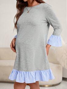 SHEIN Thai sản In sọc tay áo lá sen Xù Hoa Sen Váy Smock - Xám - Xem 4