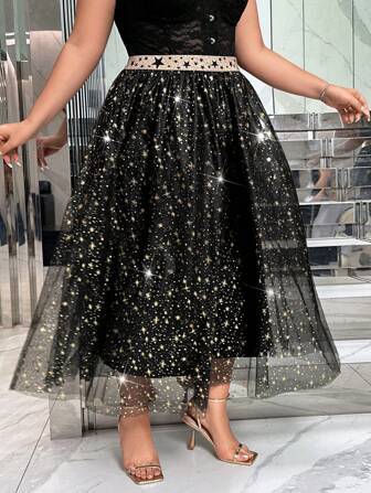 SHEIN Privé Plus Stjärna Tryck Nätöverdrag Paljetter Linning Kjolar