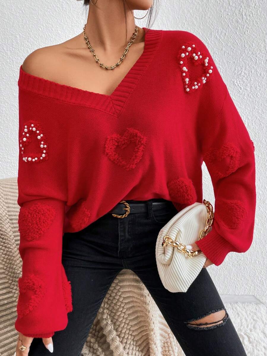 Celisse Heart Pattern Drop Shoulder Sweater Knit Pullover Fall Winter Outfit - Red - View 1