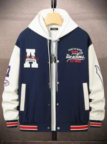 Manfinity Campus Court Men's Loose Fit Letter Print Color Block Varsity Jacket Without Hoodie Design And With Striped Trim - Blue - View 1