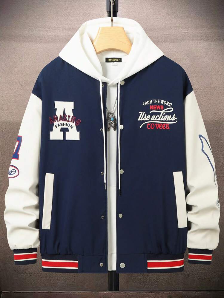 Men's Loose Fit Letter Print Color Block Varsity Jacket Without Hoodie Design And With Striped Trim