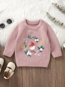 Baby Girl Floral & Rabbit Pattern Raglan Sleeve Sweater - Pink - View 5