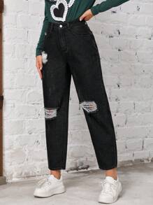 SHEIN EZwear High Waist Ripped Mom Fit Jeans - Black - View 3