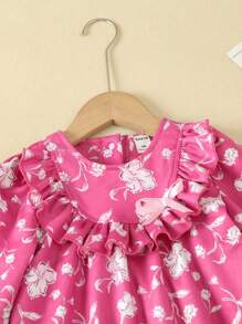 SHEIN 女小童印花荷葉邊喇叭袖洋裝 - 玫紅色 - 查看 4