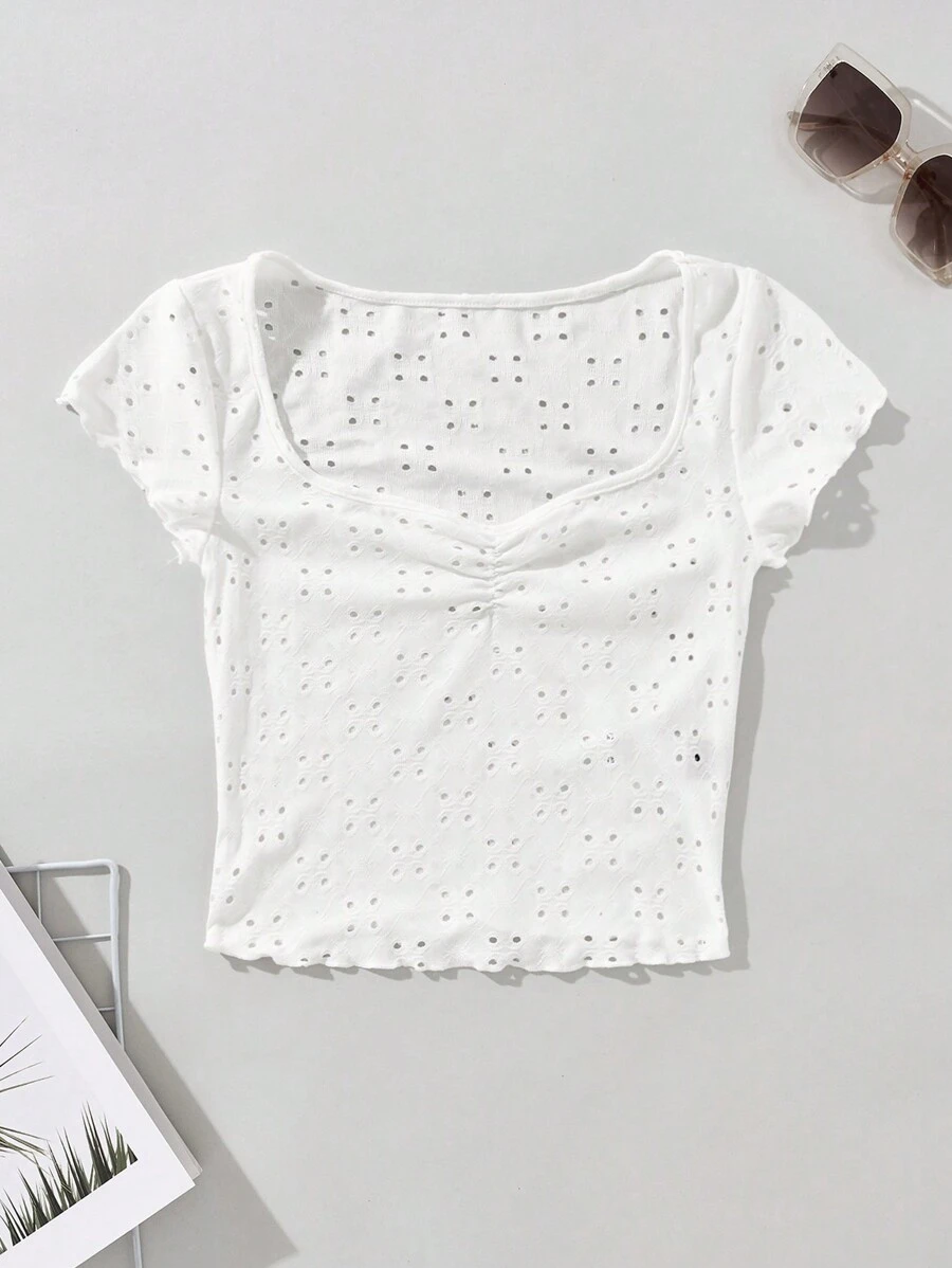 Soleia Sweetheart Neck Ruched Bust Schiffy Tee - White - View 1