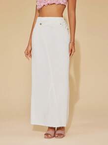 SHEIN BAE High Waist Button Detail Denim Skirt - White - View 1