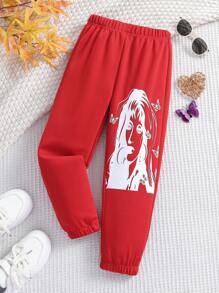 SHEIN Young Girl Figure Graphic Pants - Red - View 1
