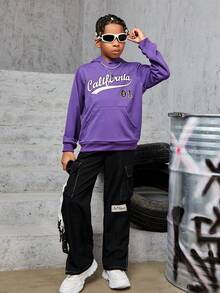 男大童字母補丁細節側翻蓋口袋下擺開叉長褲 - 黑色 - 查看 3