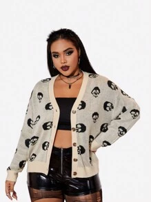 SHEIN EZwear 加骷髏圖案落肩開衫 - 杏色 - 查看 2