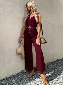 SHEIN Holidaya 休閒前紐扣純色女士連體褲