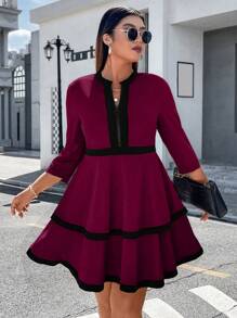 Celure Plus Contrast Trim Notched Neckline Ruffle Hem Dress - Burgundy - View 1