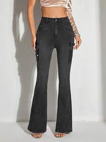 SHEIN BAE 高腰牛仔喇叭褲 - 黑色 - 查看 3