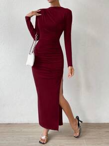 SHEIN Unity 纯色褶饰开叉大腿连衣裙 酒红色 长款女装 - 酒紅色 - 查看 6