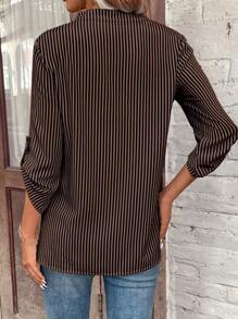 EMERY ROSE Striped Print Roll Up Sleeve Pocket Patched Blouse,Long Sleeve Tops Fall Cloth For Women - Mocha Brown - View 2