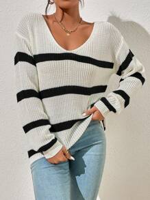 SHEIN Essnce Jersey de cuello en V con hombros caídos a rayas, tops de manga larga para otoño/invierno - Negro - Ver 4