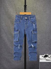 SHEIN Young Boy Ripped Frayed Flap Pocket Side Cargo Jeans - Medium Wash - View 1