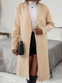 SHEIN Clasi Waterfall Collar Open Front Overcoat - Apricot - View 3