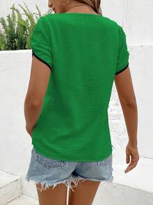 SHEIN LUNE Contrast Binding Petal Sleeve Asymmetrical Neck Blouse - Green - View 2