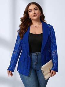 SHEIN Clasi Plus Lapel Neck Flap Detail Lace Blazer - Royal Blue - View 4