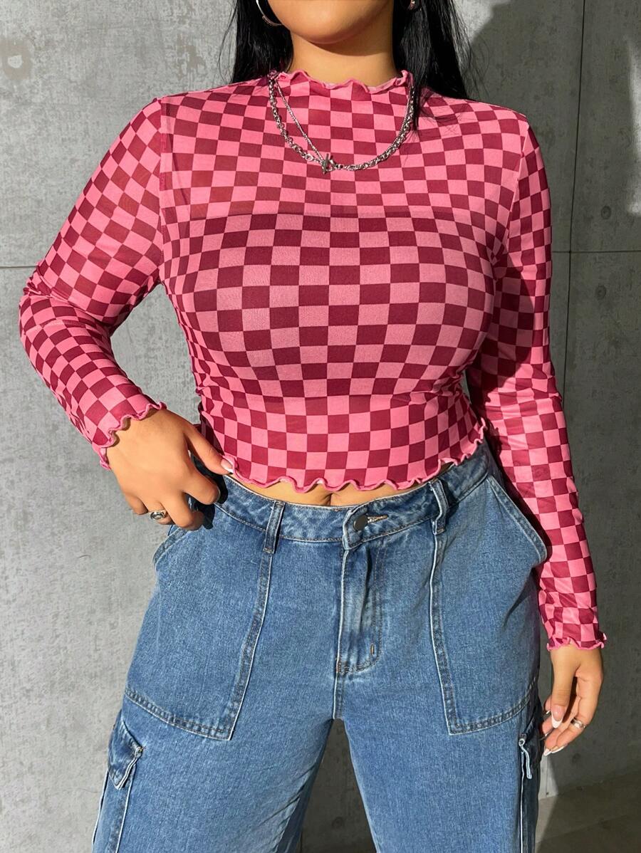 SHEIN EZwear Plus 格纹印花生菜边饰高领网眼上衣，夏季 - 玫紅色 - 查看 1