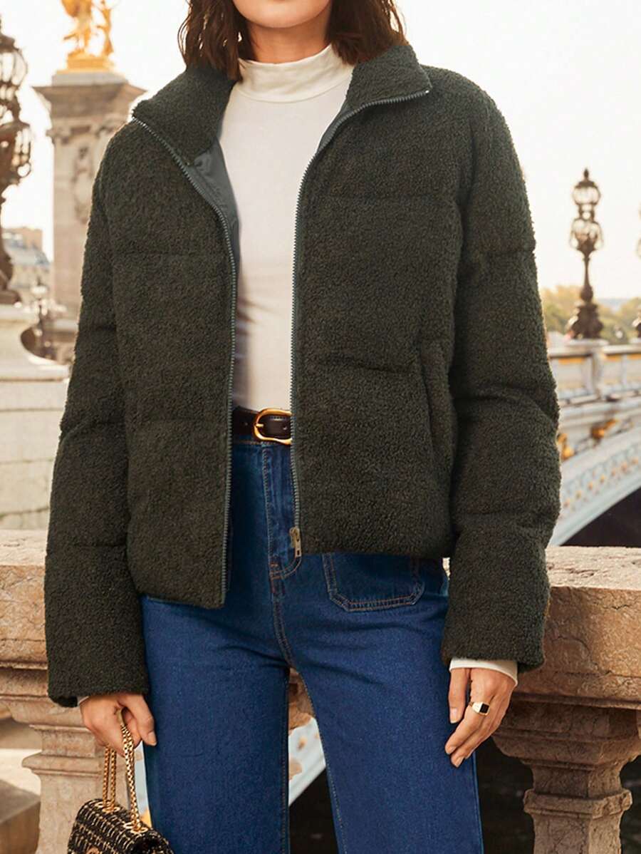 SHEIN Frenchy 冬季拉链夹棉大衣 - 軍綠色 - 查看 1
