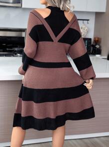 Elenzga Plus Two Tone Cold Shoulder Sweater Dress, For Winter Fall Cloth For Women - Multicolor - View 2