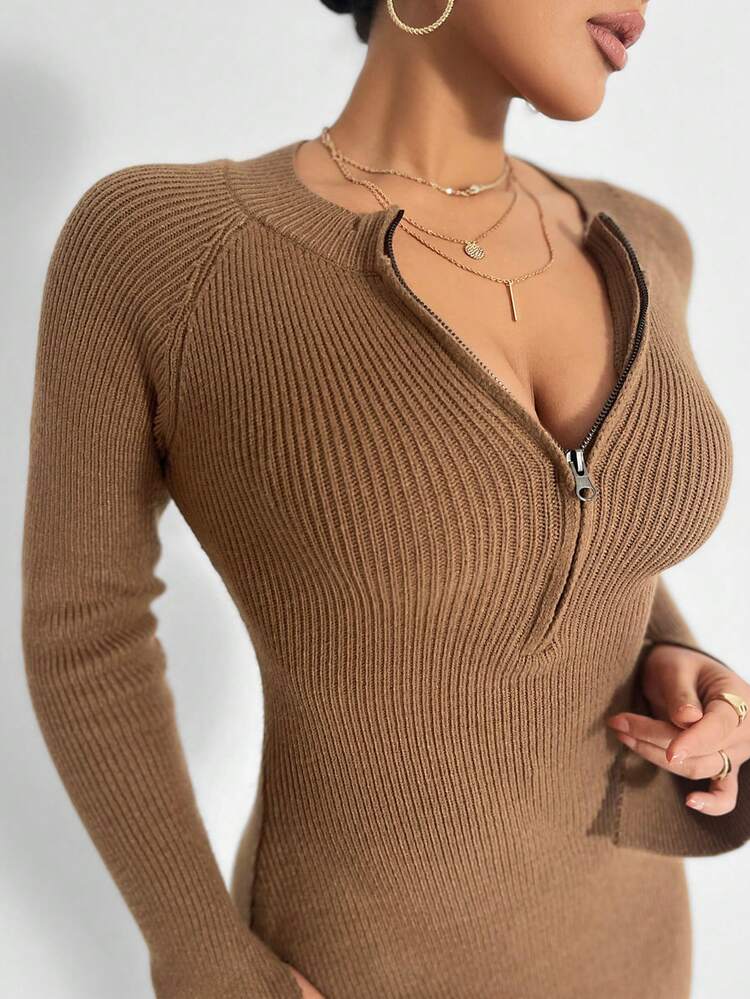 Half Zip Raglan Sleeve Bodycon Sweater Dress Fall Cloth For Women
